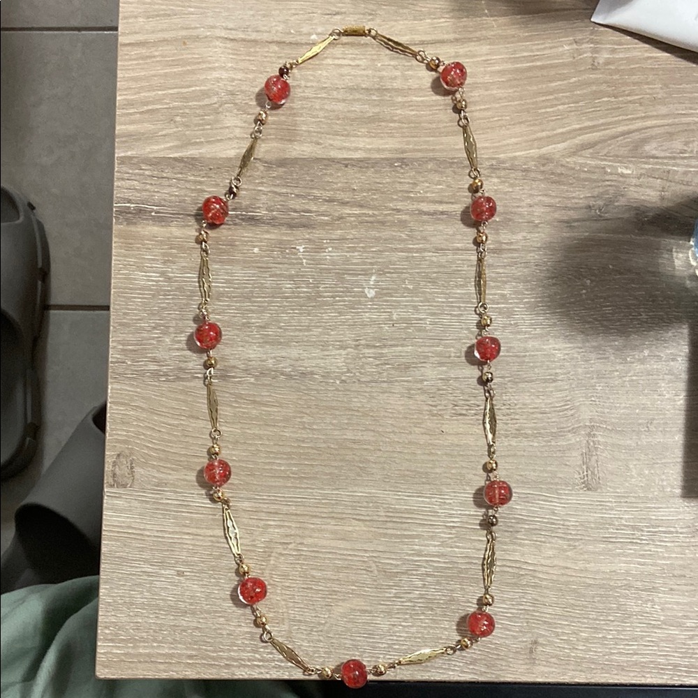 Vintage Elegant Gold Toned and Red Glass Beaded Necklace